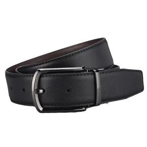 Men's business leather belt with Saffiano texture and gunmetal swivel pin buckle