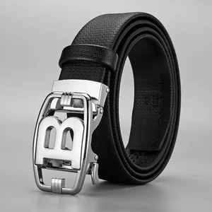 Men Business Cow Leather Belt With Alloy Automatic Buckle Letter B Pattern Casual Dress Waistband Litchi Texture Accessory