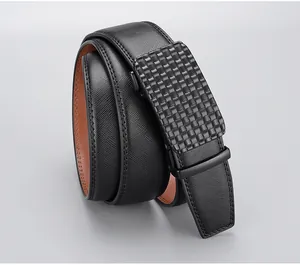 Detail of men's black cross-pattern leather belt with textured automatic buckle