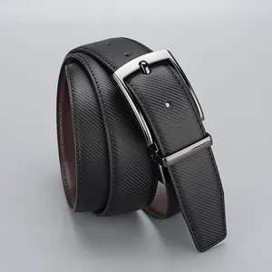 Men's reversible leather belt with black textured surface and silver needle buckle