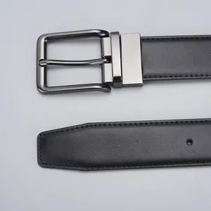 Classic men's black leather belt with brushed gunmetal pin buckle and detailed stitching