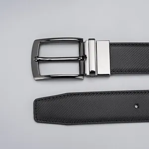 Men's business leather belt with black textured strap and gunmetal swivel pin buckle