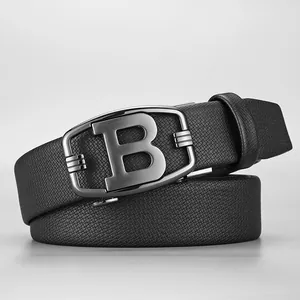 Men's leather belt with gunmetal B-letter automatic buckle and textured black strap