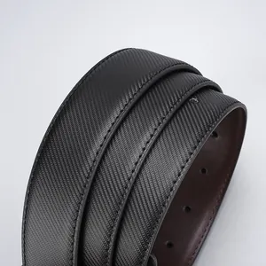 Men's dual-tone leather belt with black carbon fiber texture and brown inner lining