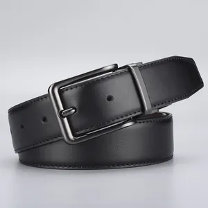 Classic men's black leather belt with a dark grey metal swivel pin buckle and fine stitching