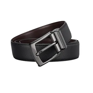 Men's leather belt with black carbon fiber texture and brown inner lining, metal pin buckle