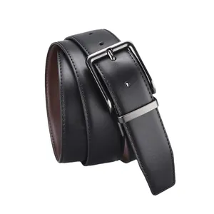 Men's reversible black leather belt with rotatable gunmetal buckle on white background