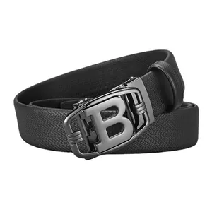 Men's black leather belt with automatic alloy buckle featuring a bold letter B