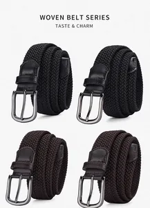 Macro shot of men's elastic woven belts with gunmetal matte pin buckles and leather accents