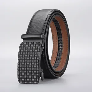 Men's Business Leather Belt Automatic Buckle Split Cowhide Leather Saffiano Texture Grid Zinc Alloy Buckle Black Waistband