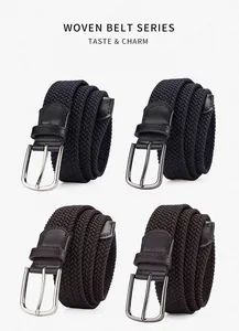 Détail de ceintures tressées élastiques haute densité en noir et marron avec boucles