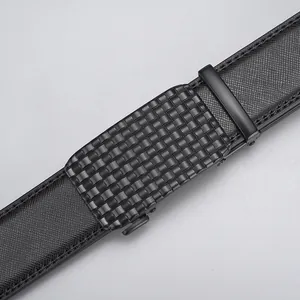 Men's black leather belt with checkered automatic buckle and saffiano texture