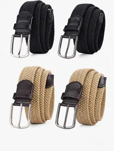 Detailaufnahme elastischer Flechtgürtel mit Dornschließen aus Legierung in Schwarz und Khaki
