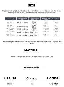 Tableau des tailles pour ceinture tressée élastique avec longueurs de 95cm à 135cm