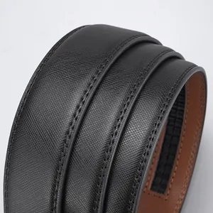 Men's Saffiano leather belt featuring black crosshatch texture and brown lining