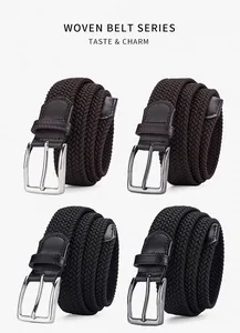 Detail of woven elastic belts featuring polished metal buckles and premium leather accents