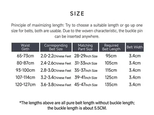Size chart for high density elastic woven belt with length and waist measurement guides