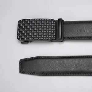 Men's black leather business belt with matte grid buckle and Saffiano texture