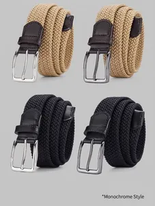 Detailed view of men's stretch woven belts in khaki and black with metallic buckles