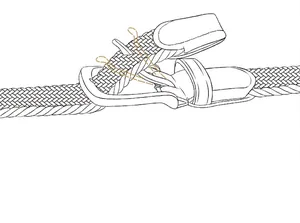 Elastic braided belt detail showing stretchable fabric and leather buckle attachment