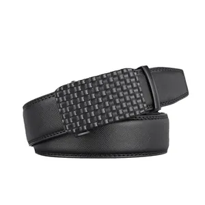 Men's black leather belt with checkered texture automatic buckle and Saffiano strap