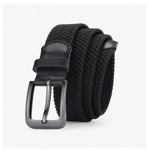 Close-up of black elastic woven belt featuring a dark grey metal pin buckle and leather trim