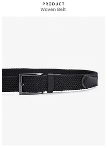 Détail d'une ceinture tressée élastique noire avec une boucle carrée gris mat
