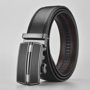 Detail of men's leather belt showing automatic buckle and double-row stitching