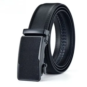 Macro shot of men's leather business belt with matte black automatic buckle and fine stitching