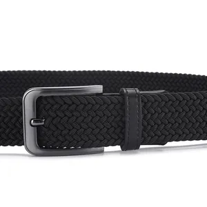 Men's black elastic woven belt with dark gunmetal pin buckle and leather details