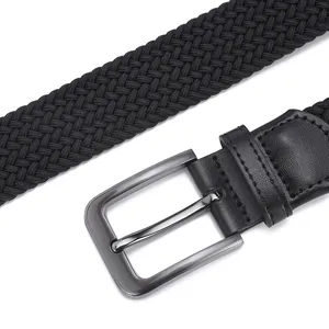 Men's black elastic woven belt with metal pin buckle shown on white background