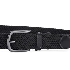 Elastic woven belt with silver matte metal buckle and black leather wrap detailing