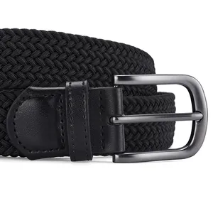Braided elastic stretch belt in black featuring a polished gunmetal pin buckle and leather detail