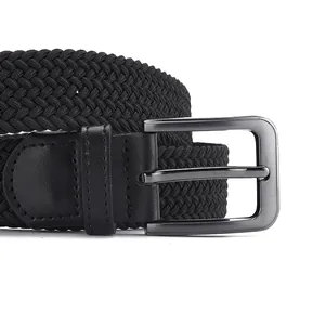 Men's black elastic woven belt with dark gunmetal buckle and leather reinforcement
