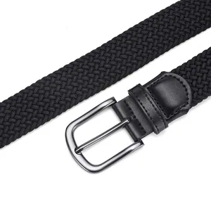 Black elastic woven stretch belt with silver metal pin buckle and leather detail