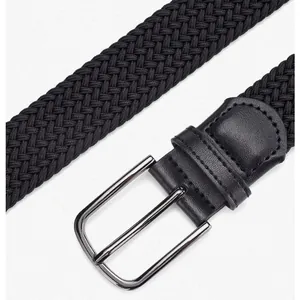 Ceinture tressée noire élastique avec boucle en alliage haute densité et détails en cuir