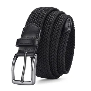 Men's Casual Woven Elastic Belt Stretch Braided Fabric Waist Strap Alloy Pin Buckle Adjustable No Hole Waistband Business Daily