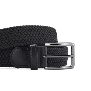 Men's black braided elastic belt with high-density weave and gunmetal pin buckle