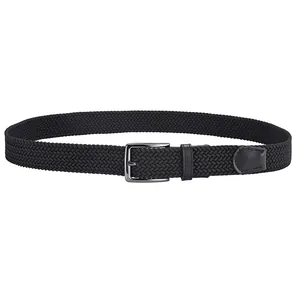 Men's black braided elastic belt with silver metal pin buckle and leather trim highlights