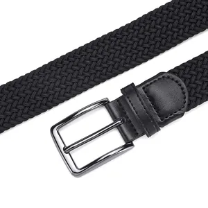 Men's black woven stretch belt with gunmetal needle buckle on a clean white background
