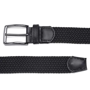 Men's black braided elastic belt with silver buckle and leather trim detail