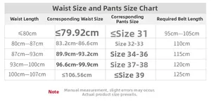 Size guide for men's leather belt showing waist measurements and total belt length in a chart