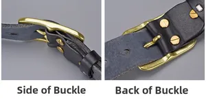 Détails de la boucle en laiton de profil et de dos sur une ceinture en cuir noir