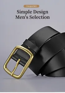 Close-up of premium black leather belt with golden square pin buckle and fine stitching