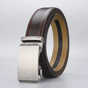 Premium men's automatic buckle leather belt in dark brown with brushed alloy finish