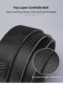 Close-up of black top grain leather belt showing natural texture and fiber edges