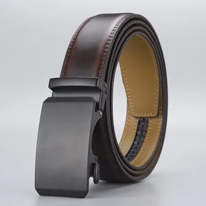 Premium brown leather belt for men featuring a matte black alloy automatic buckle