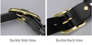 Macro side and back view of golden brass horseshoe buckle on black leather belt