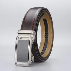 Premium dark brown leather belt for men with silver automatic buckle and dual stitching