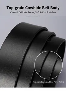 Close-up of premium black cowhide leather belt showing natural grain and fine pores